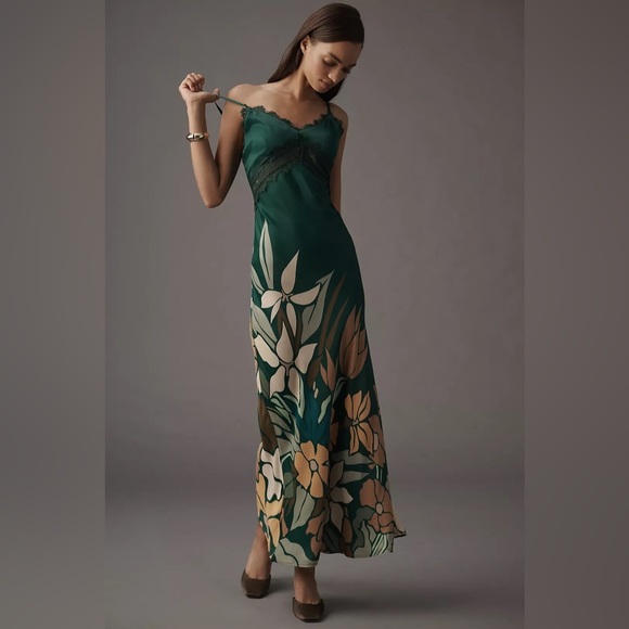 NWT! Anthropologie Green Bl-nk Eustella Bare V-Neck Maxi Dress - Size XS 🥐 - Picture 1 of 10
